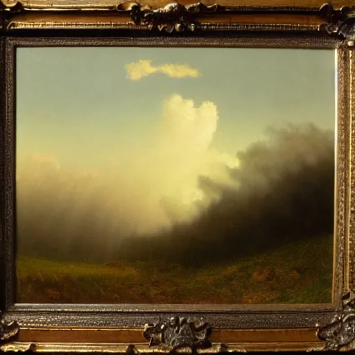 Prompt: clouds, volumetric, canvas, very detailed, oil painting, canvas, Albert Bierstadt, Theodor Kittelsen