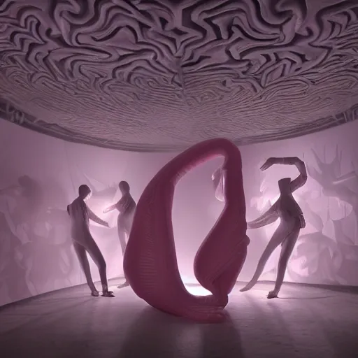 Image similar to photorealistic underground dance club, chinese exquisite carving sculpture, the sculpture is inflatable, fog pink hell themed, bosch paintings on walls, fog pink orchids growing on people, the human body is slowly merging with the sculpture, phantom, francis bacon, people wear surreal dramatic down jackets designed by jean - paul gaultier, epic photorealistic octane render ， hd film camera