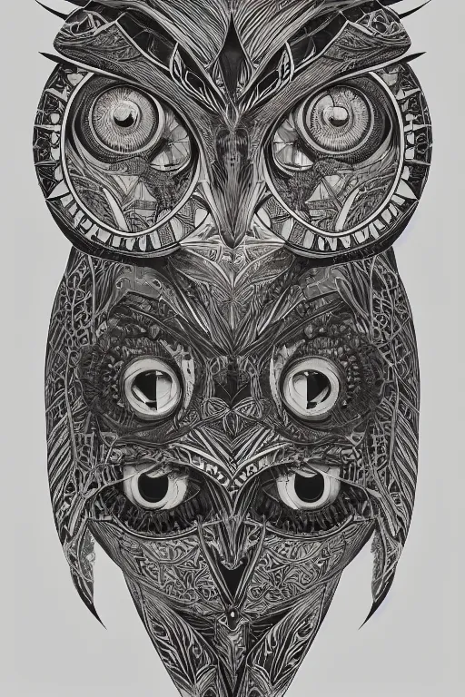 Image similar to portrait of a geometric owl, identical eyes, medium shot, fantasy, vivid, illustration, geometric tattoo style, detailed line work, symmetrical, artstation, hyperdetailed, cinematic lighting, insanely detailed and intricate, ornate, ultrasharp, by peter mohrbacher, by victor vasarely