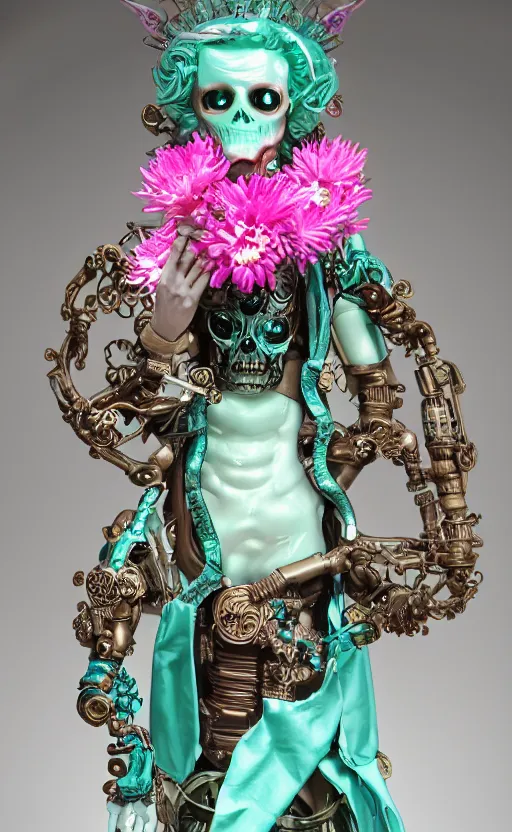 Image similar to a young handsome latino ceramic and pink iron-plated android prince with a large glowing mint crystal in the center of his chest, full-body bronze cyberpunk style statue of Andromeda with glowing green laser eyes, crown of mechanical chrysanthemums, flowing aqua silk, fabric, steampunk flowers. baroque elements, human skull. full-length view. baroque element. intricate artwork by caravaggio. many flying horses on background. Trending on artstation, octane render, cinematic lighting from the right, hyper realism, octane render, 8k, depth of field, 3D