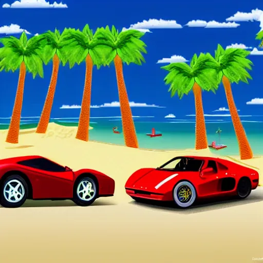 Image similar to a red Ferrari testarossa next to a white sand beach with palm trees. 16bit graphics.