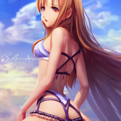 Image similar to a very beautiful young yuuki asuna, full body, long wavy blond hair, sky blue eyes, full round face,, bikini, miniskirt, front view, mid - shot, highly detailed, cinematic wallpaper by stanley artgerm lau