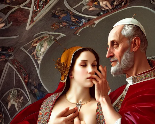 Image similar to photography of libidonous pope with a sensual woman in sistine chapel, deep focus,, intricate, elegant, highly detailed, digital painting, artstation, concept art, matte, sharp focus, illustration, art by artgerm and greg rutkowski and alphonse mucha