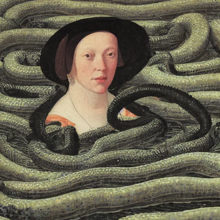 Image similar to a closeup portrait of a woman, swimming in a lake full of millions of eels and jellyfish, early netherlandish painting