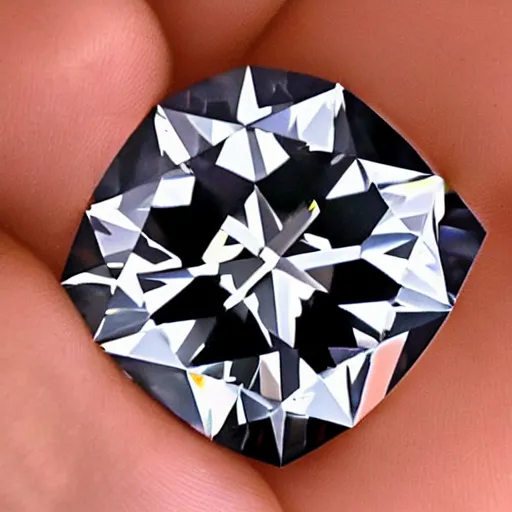 Prompt: a large, shining diamond. It is cut perfectly and reflects the light in a million different ways. All around the diamond are smaller diamonds, all different sizes and shapes. They are all arranged in a symmetrical pattern. The background is a deep black, making the diamonds stand out even more. To the left of the diamond is a man, wearing a suit made of the same material as the diamonds. He is smiling and holding out his hand, as if offering the diamond to the viewer. To the right of the diamond is a woman, also wearing a suit made of diamonds. She has her arms crossed and a look of disdain on her face.