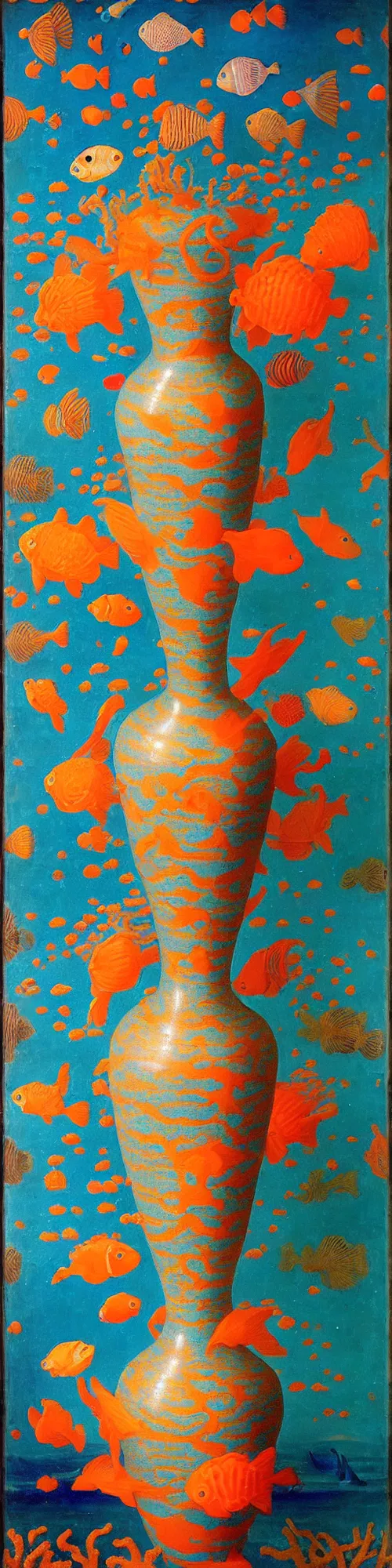 Image similar to bottle vase of coral under the sea and in the sky decorated with a dense field of stylized scrolls that have opaque outlines enclosing mottled blue washes, with orange shells and purple fishes, ambrosius benson, oil on canvas, hyperrealism, light color, no hard shadow, around the edges there are no objects