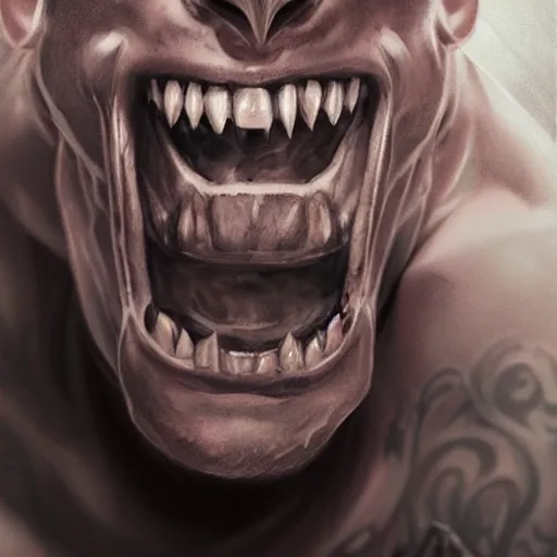 Image similar to tattooed dirty stoic butch heroic with a big toothy grin, highly detailed, digital painting, artstation, concept art, matte, sharp focus, illustration, art by artgerm