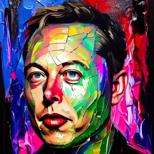 Prompt: Elon Musk as a holographic human robotic head made of glossy iridescent, Face, Palette Knife Painting, Acrylic Paint, Dried Acrylic Paint, Dynamic Palette Knife Oil Paintings, Vibrant Palette Knife Portraits Radiate Raw Emotions, Full Of Expressions, Palette Knife Paintings by Francoise Nielly, Beautiful, Beautiful Face, Portrait, Black Studio Background Color, Black Color Background Studio Lighting, Dark Studio Light, Studio, Beautiful STUDIO face, surrealistic 3d illustration of a human face non-binary, non binary model, 3d model human, cryengine, made of holographic texture, holographic material, holographic rainbow, concept of cyborg and artificial intelligence, Black Background, Black Color Background,