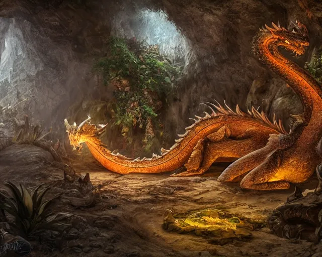 Prompt: Giant Dragon resting in a cave, natural light, dead plants and flowers, elegant, intricate, fantasy, atmospheric lighting, by Peter Morhbacher, HD, highly detailed, 8k