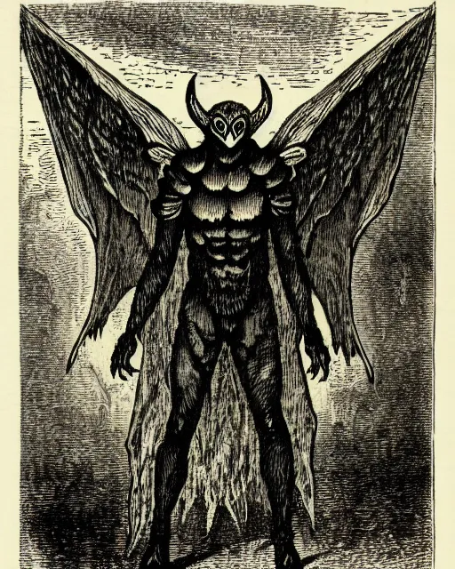 Image similar to illustration of mothman as a demon lord from the dictionarre infernal, etching by louis le breton, 1 8 6 9, 1 2 0 0 dpi scan