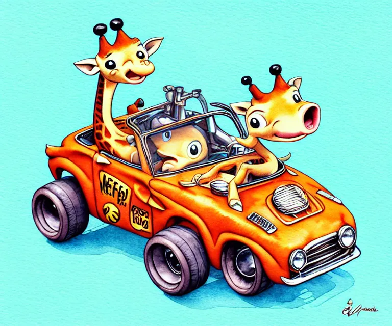 Image similar to cute and funny, baby giraffe riding in a tiny hot rod with oversized engine, ratfink style by ed roth, centered award winning watercolor pen illustration, isometric illustration by chihiro iwasaki, edited by range murata, tiny details by artgerm and watercolor girl, symmetrically isometrically centered