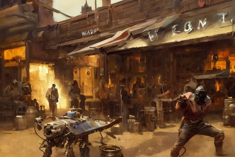 Image similar to oil painting of old rugged robot bounty hunter in a bar fight in dusty wild west town, art by anders zorn, wonderful masterpiece by greg rutkowski, beautiful cinematic light, american romanticism by greg manchess, jessica rossier