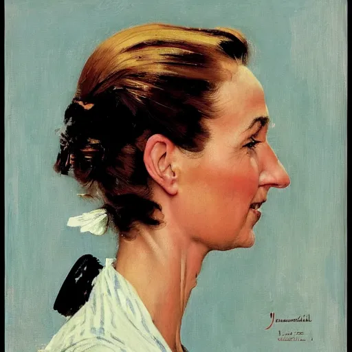 Image similar to head and shoulders portrait of woman, fully clothed, three quarter profile, norman rockwell, jacob collins, tom lovell, frank schoonover