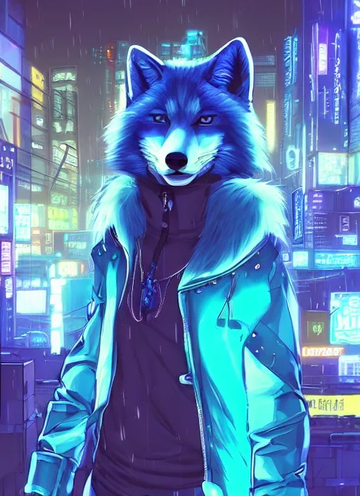 Prompt: beautiful portrait commission of a male furry anthro blue husky fox fursona wearing cyberpunk skater clothes. Cyberpunk city at night in the rain. Neon light. Atmospheric. Character design by charlie bowater, ross tran, artgerm, and makoto shinkai, detailed, inked, western comic book art