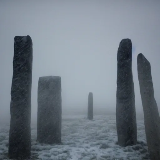 Image similar to '50 cats playing, neolithic standing stones, a haunting snow storm, fog, atmosphere, brooding clouds'