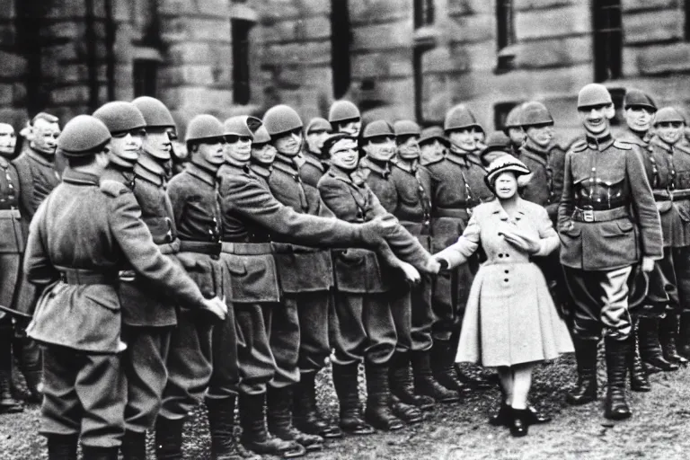 Image similar to ultra wide 1 9 4 6 historical far away photo the german generals surrendering to young queen elizabeth, her corgis are nearby highly detailed