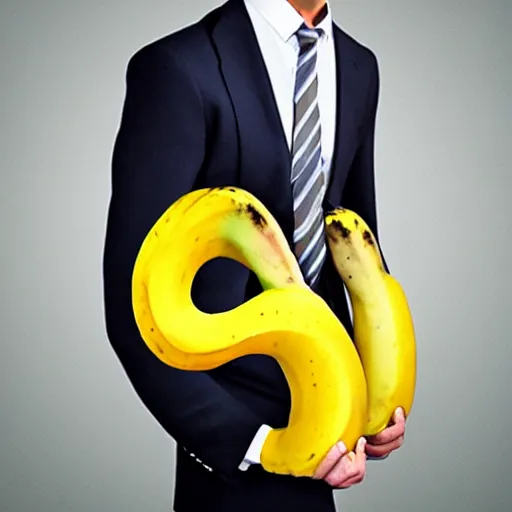 Image similar to an antropomorphic banana wearing a business suit