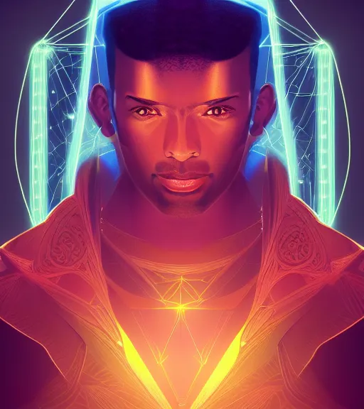 Image similar to symmetry!! egyptian prince of technology, solid cube of light, hard edges, product render retro - futuristic poster scifi, lasers and neon circuits, brown skin man egyptian prince, intricate, elegant, highly detailed, digital painting, artstation, concept art, smooth, sharp focus, illustration, dreamlike, art by artgerm