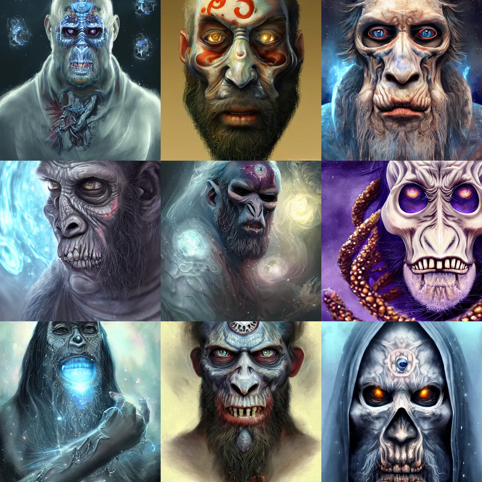 Image similar to a wlop 3 d render of very very very very highly detailed beautiful mystic portrait of a phantom undead mage ape with whirling galaxy around, tattoos by anton pieck, intricate, extremely detailed, digital painting, artstation, concept art, smooth, sharp focus, illustration, intimidating lighting, incredible art,