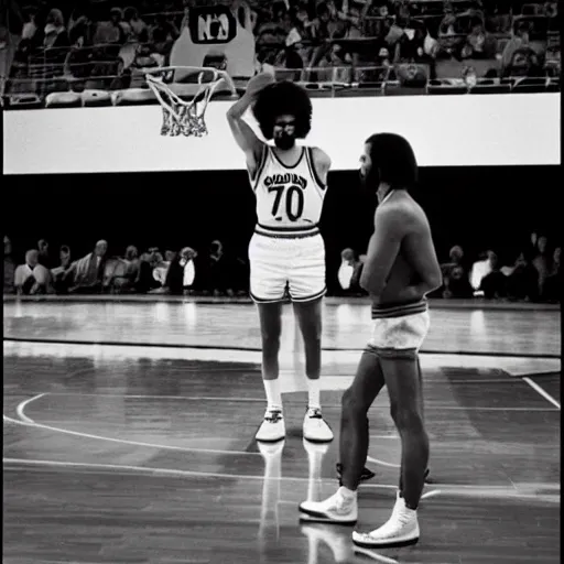 Image similar to 7 0 s television image of an nba basketball board cast, depicting charles manson shooting free throws, by errol morris