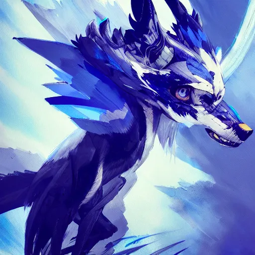 Prompt: concept art of winged wolf neon blue and black, highly detailed painting by dustin nguyen, akihiko yoshida, greg tocchini, 4 k, trending on artstation, 8 k