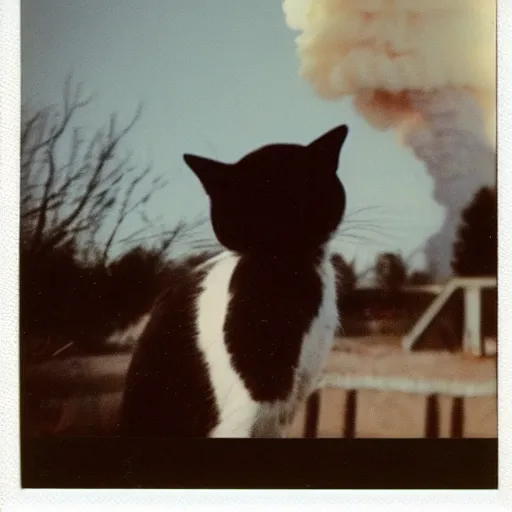Image similar to polaroid photo of a cat watching a mushroom cloud in the background