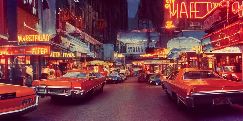 Prompt: color street view in america of market district at night, diner, from 1 9 7 3, scorsese, kodachrome, fred herzog. retro futurism on film