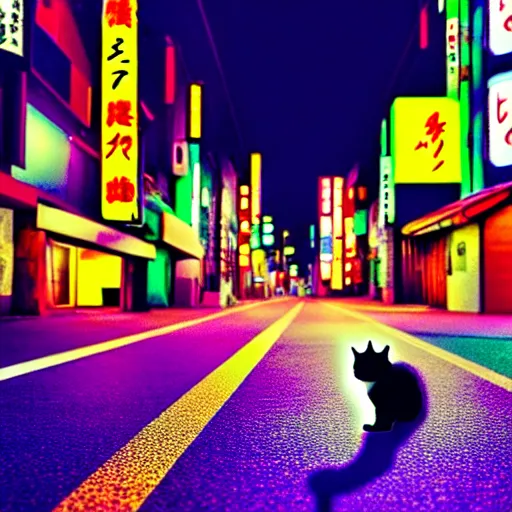 Prompt: a cat waking in a neon light street, in japan, 4 k, high definition wallpaper