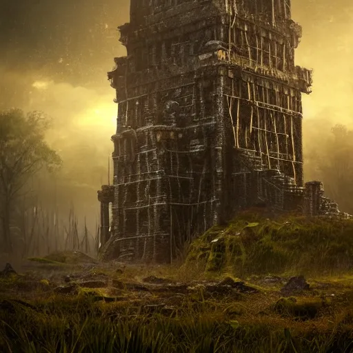 Image similar to full body pose, hyperrealistic photograph of the black keep of rotbog swamp, dim volumetric lighting, 8 k, octane beautifully detailed render, extremely hyper detailed, intricate, epic composition, cinematic lighting, masterpiece, trending on artstation, very very detailed, stunning, hdr, smooth, sharp focus, high resolution, award, winning photo, dslr, 5 0 mm