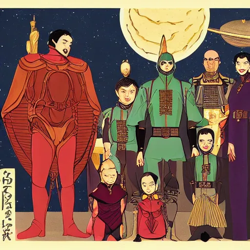 Prompt: family portrait of duke leto atreides and prince paul atreides, dune, aristocratic, space opera, in the style of yamato - e, tosa school, tosa mitsuoki, tosa mitsunobu, iwasa matabei, awataguchi takamitsu.