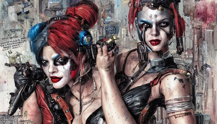 Image similar to a dream portrait of cyberpunk Harley Quinn in post apocalyptic Gotham art by Paul Dini, Travis Charest, Simon Bisley