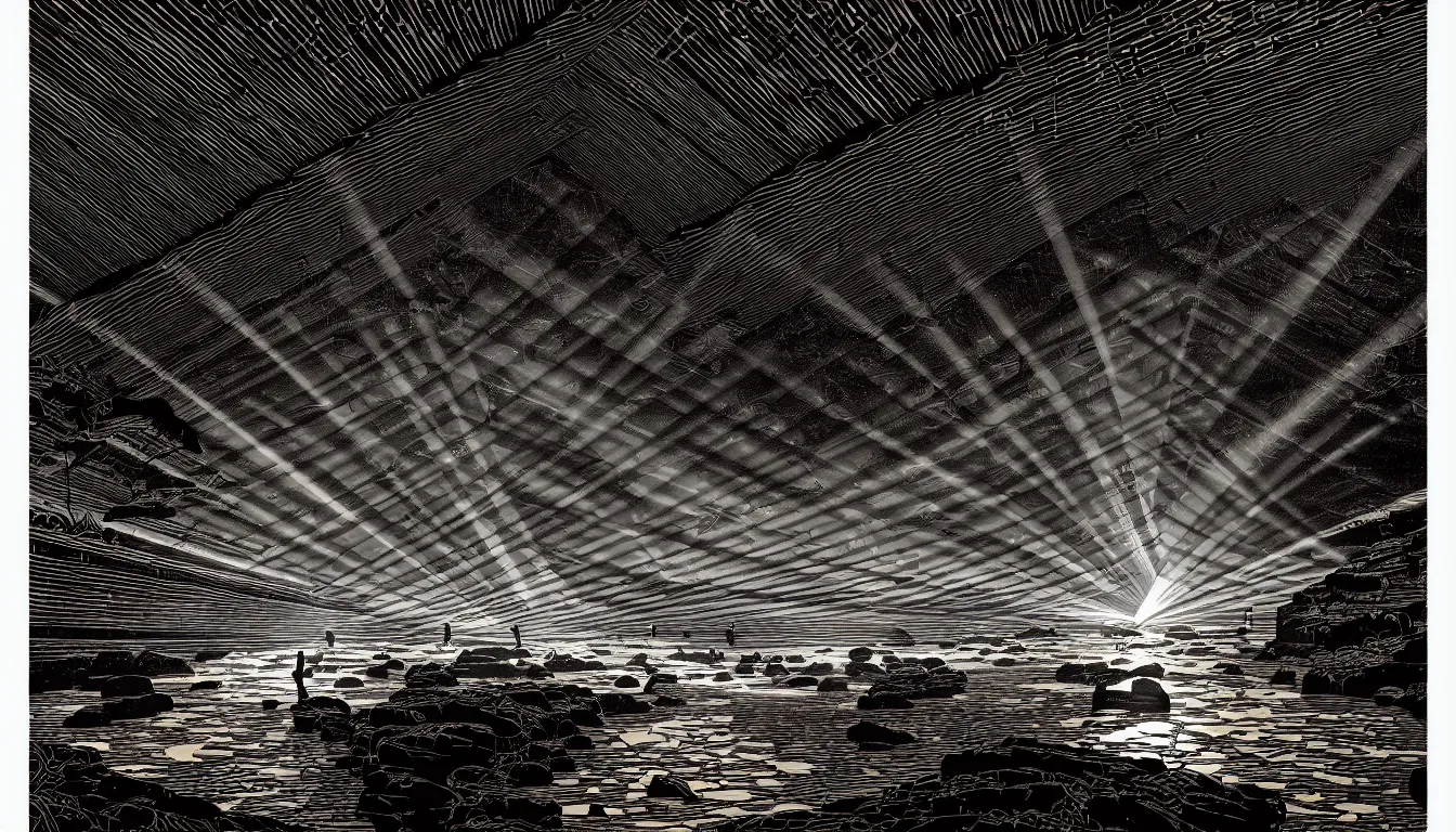 Image similar to cave with light rays by dan mumford and peter doig and edward hopper, symmetrical, minimal, black ink, thick lines highly detailed, muted colours 8 k