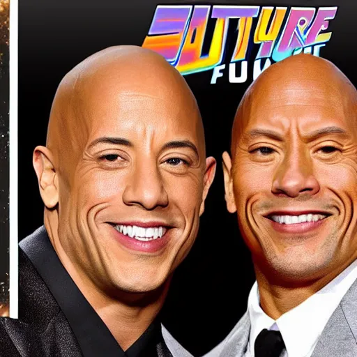Prompt: vin diesel and dwayne johnson in back to the future movie cover