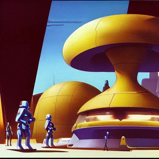 Image similar to ralph mcquarrie concept art of a futuristic mcdonalds. a space station is seen off in the distance with various droids and people walking in the foreground. a trooper is seen holding a brown mcdonalds bag.