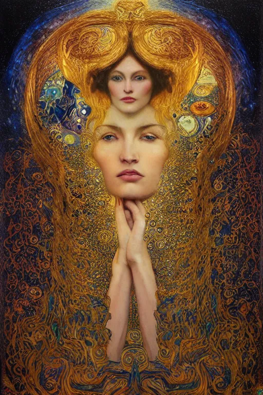 Image similar to Visions of Paradise by Karol Bak, Jean Deville, Gustav Klimt, and Vincent Van Gogh, visionary, ethereal saint portrait, otherworldly, dreamscape, radiant halo, fractal structures, infinite wings, ornate gilded medieval icon, third eye, spirals, heavenly spiraling clouds with godrays, airy colors