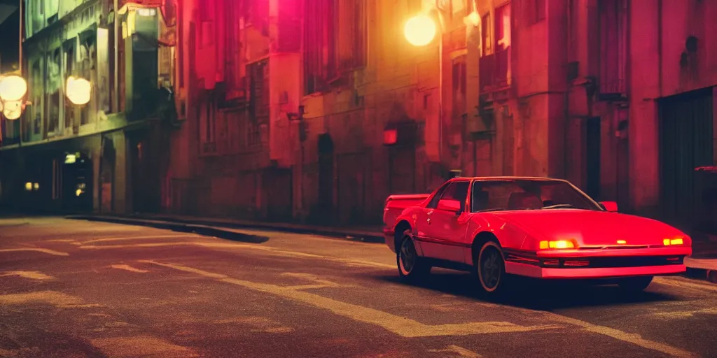 Prompt: 80s red sports car, parked on deserted city street at night time, purple lighted street, wide angle, cinematic, retro-wave vibes, grainy, soft motion blur, VHS Screencap