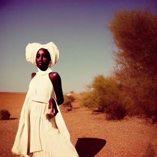 Image similar to african woman in the desert with a white dress photographed by neil krug