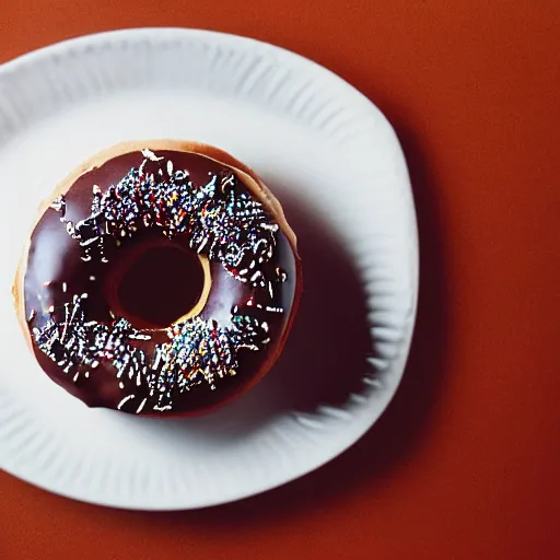 Image similar to a donut, chocolate frosting, on a plate in a busy diner, wide angle, cinestill 800