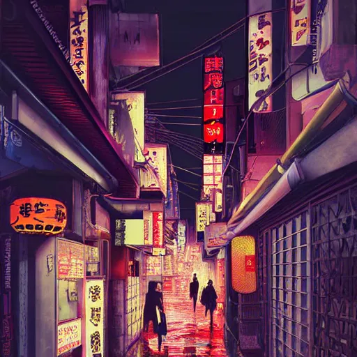 Prompt: japan narrow street with neon signs and a girl with umbrella wearing techwear, digital art, sharp focus, wlop, artgerm, beautiful, award winning, cyberpunk color style