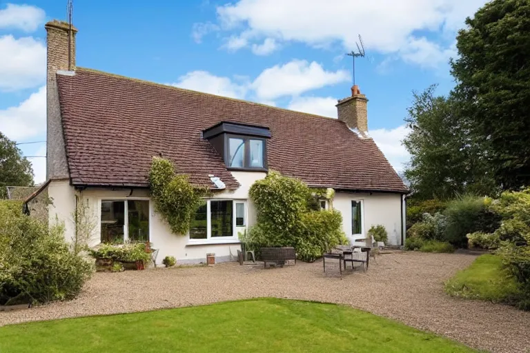 Prompt: an estate agent listing external photo of a 5 bedroom detached house with no windows, in the countryside