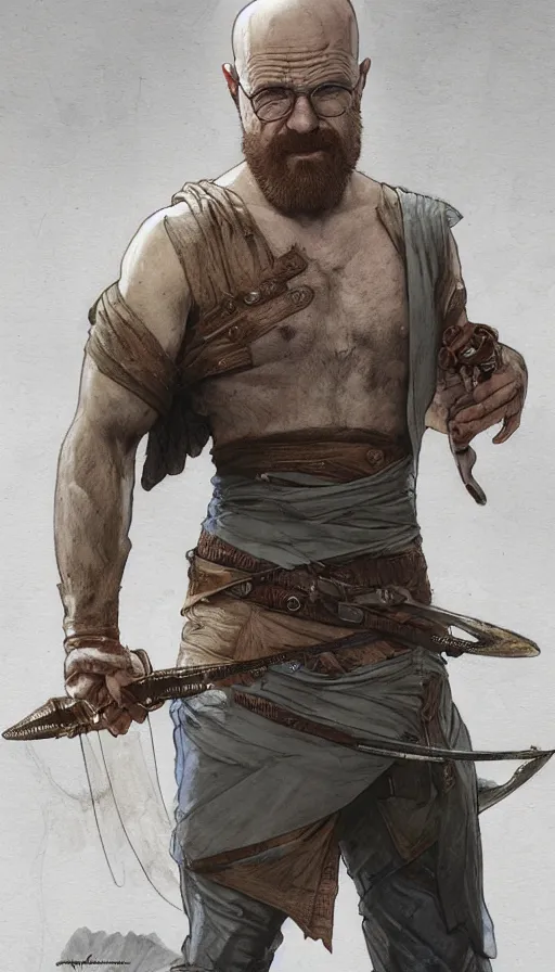 Image similar to Heisenberg as Kratos, highly detailed, digital painting, artstation, concept art, smooth, sharp focus, illustration, ArtStation, art by artgerm and greg rutkowski and alphonse mucha and J. C. Leyendecker and Edmund Blair Leighton and Katsuhiro Otomo and Geof Darrow and Phil hale and Ashley wood and Ilya repin and Charlie Bowater