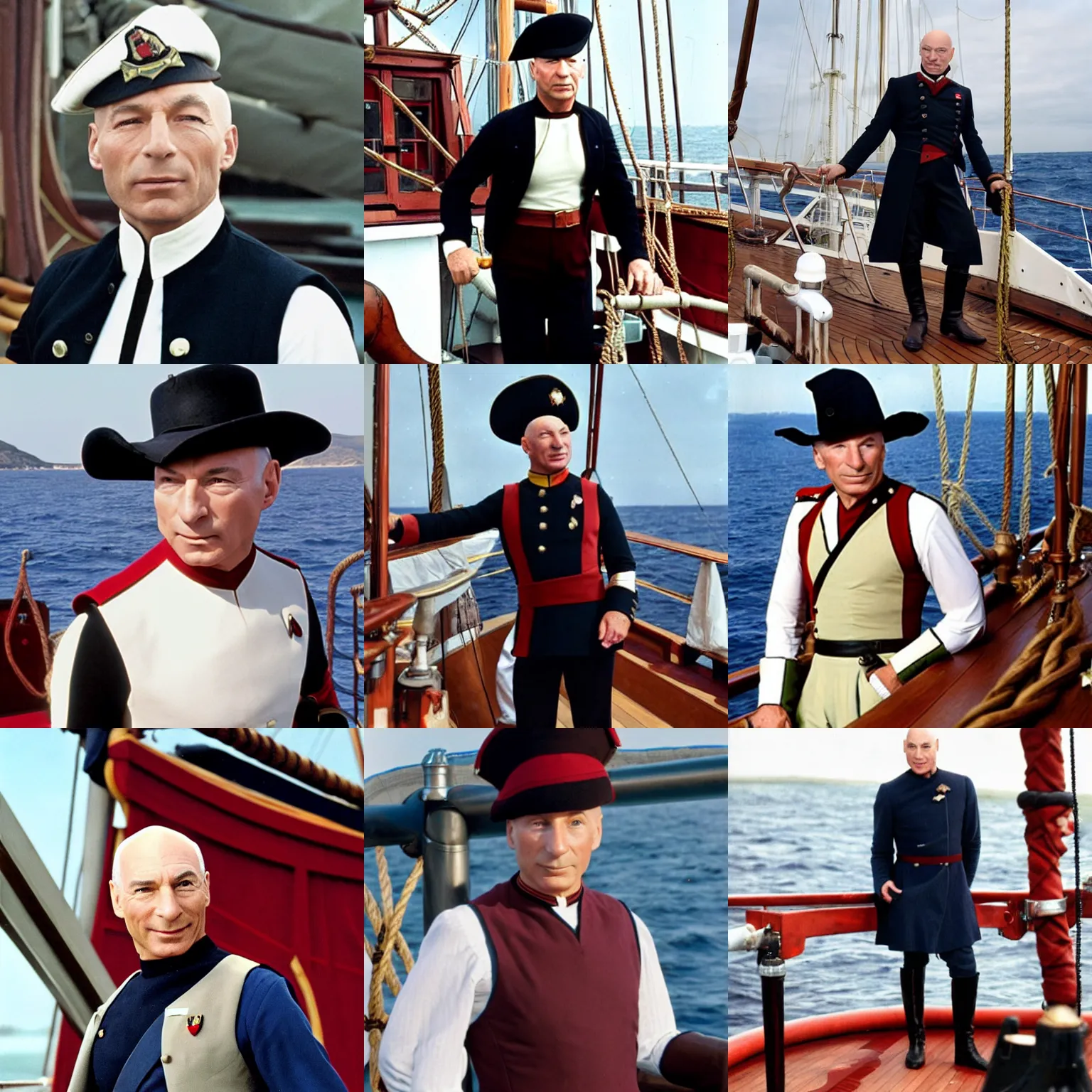 Prompt: Captain Jean-Luc Picard, wearing a waistcoat, breeches, and a tricorn hat, as a Royal Navy Admiral, on the deck of a sailing ship