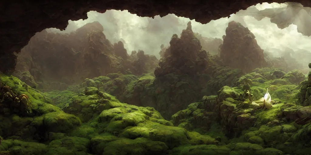 Image similar to bytopia planescape huge cave ceiling clouds made of green earth inverted upsidedown mountain artstation illustration sharp focus sunlit vista painted by ruan jia raymond swanland lawrence alma tadema zdzislaw beksinski norman rockwell tom lovell alex malveda greg staples