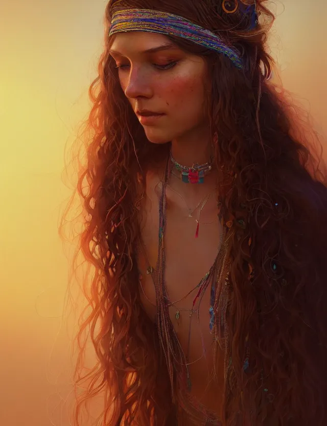 Prompt: portrait of a young woman wearing boho clothing, hippie girl, long hair, groovy hairband, bangs, intricate, smooth, groovy lighting, highly detailed, digital painting, artstation, concept art, smooth, sharp focus, illustration, art by wlop, mars ravelo and greg rutkowski