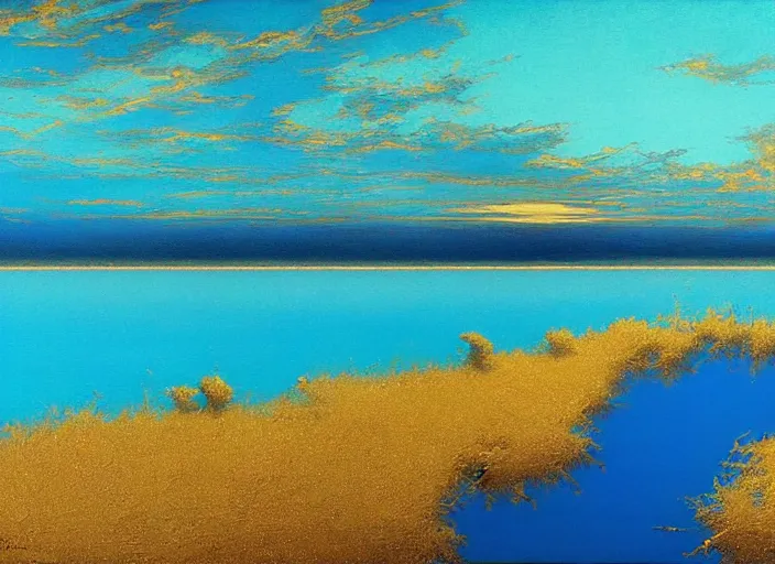 Prompt: blue - turquoise mirage on a sunny lake surface, hyperrealism, no blur, 4 k resolution, ultra detailed, style of anato finnstark, edward robert hughes, james gurney, syd mead