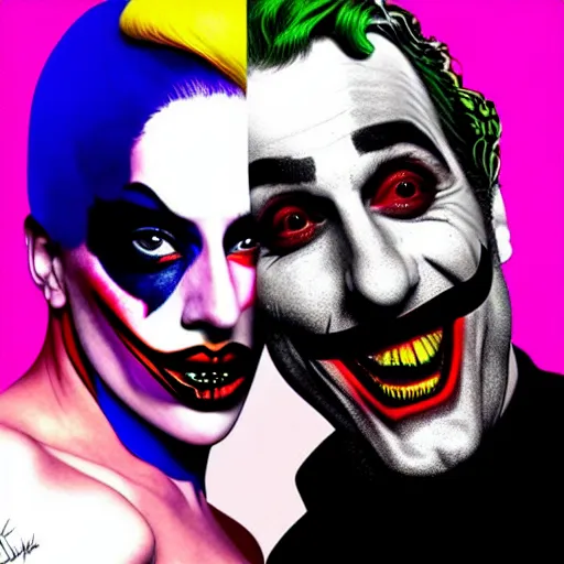 Image similar to richard hamilton and mimmo rottela as lady gaga harley queen and joaquin phoenix joker, pop art, 2 primary color, justify content center, object details, dynamic composition, 4 k, ultra realistic art, smooth, sharp focus, illustration, concept art, intricate details, h 7 6 8