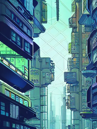 Image similar to horizontal view, cyberpunk, animation concept art, studio ghibli style, clear reflection, full page scan of 3 0 0 0 s detailed concept art, cyberpunk, mathematics and geometry, architecture, sewage system, urban section, floor plan, architectural section, post apocalyptic, desaturated, summer feeling