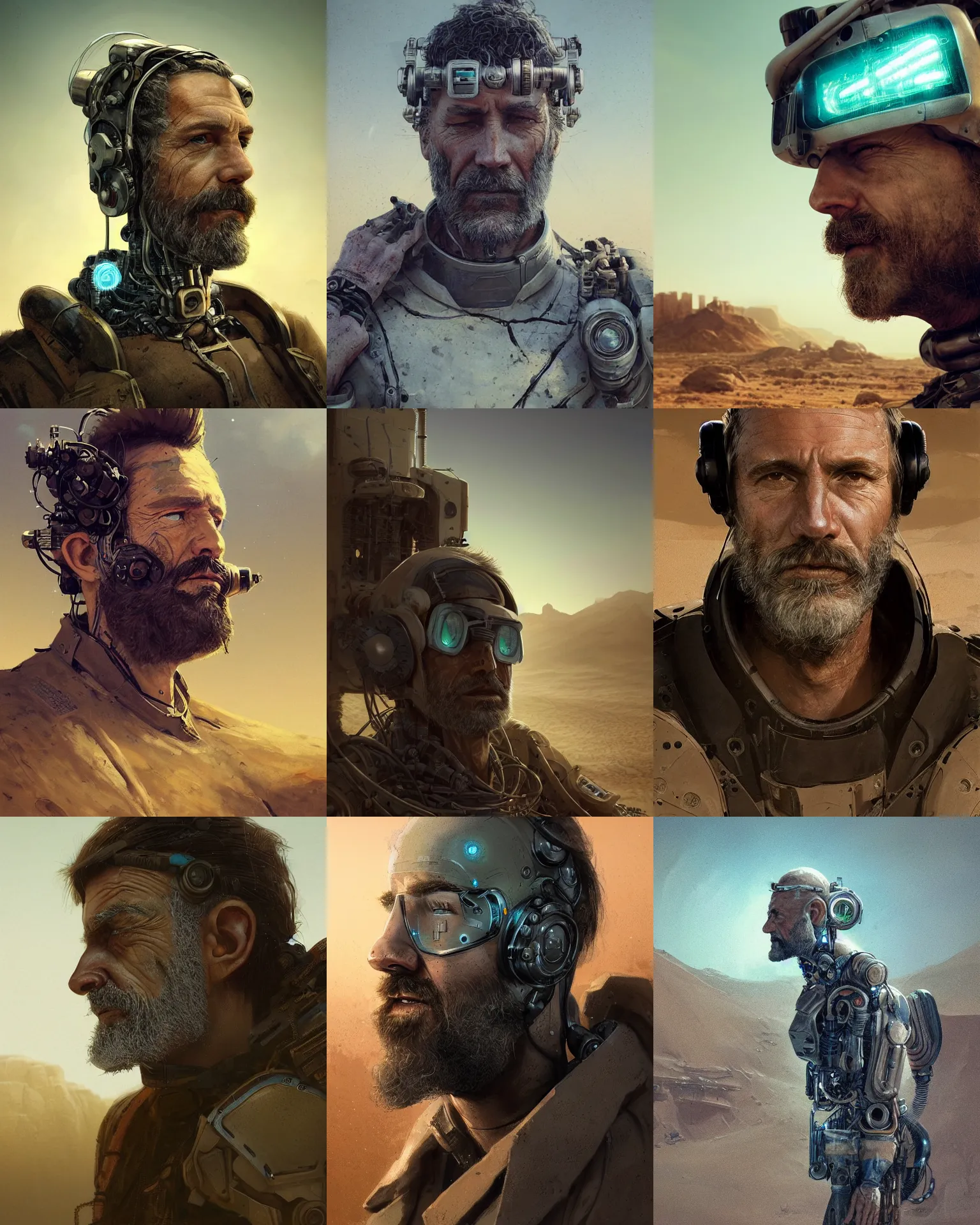 Prompt: a rugged middle aged engineer man with cybernetic enhancements and unique hair lost in the desert, scifi character portrait by greg rutkowski, esuthio, craig mullins, short beard, green eyes, 1 / 4 headshot, cinematic lighting, dystopian scifi gear, gloomy, profile picture, mechanical, half robot, implants, steampunk