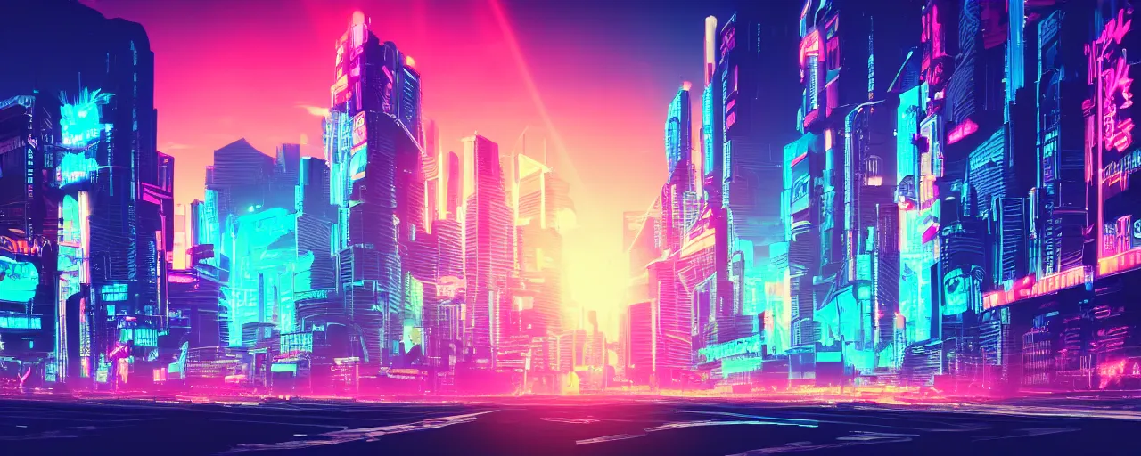 Image similar to cyberpunk, city, neon lights, glow, retrowave style, sunset,