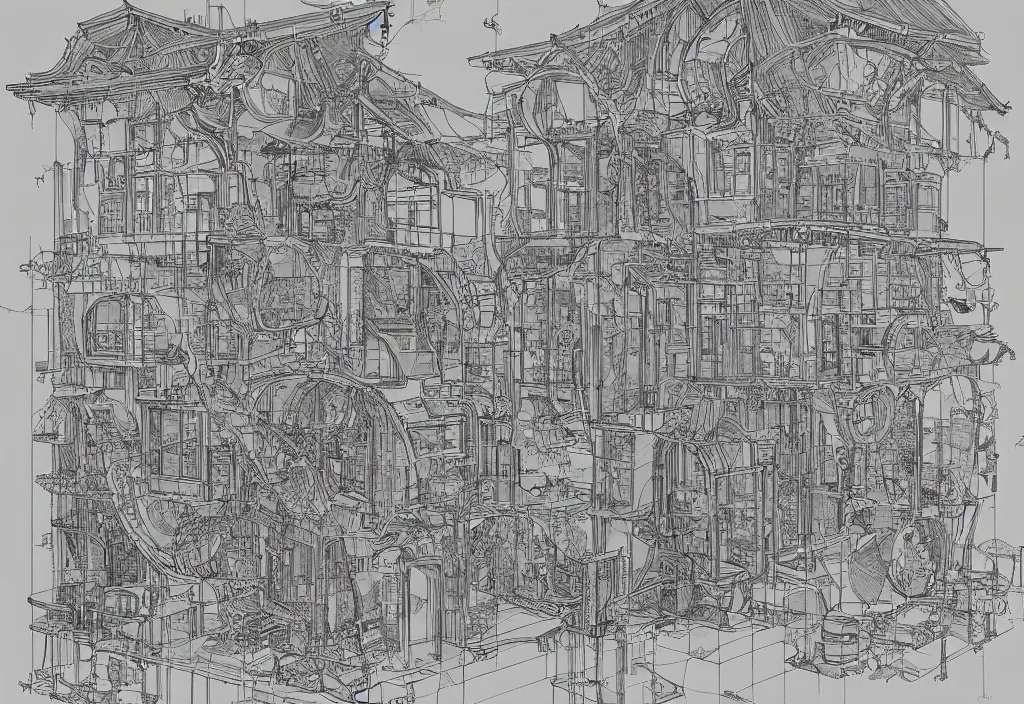 Prompt: An artwork made from layers of technical drawings and architectural plans and blueprints very detailed and intricate with callout texts, leaders, arrows and bubbles by Kim Jung Gi and Hasui Kawase and Tomine